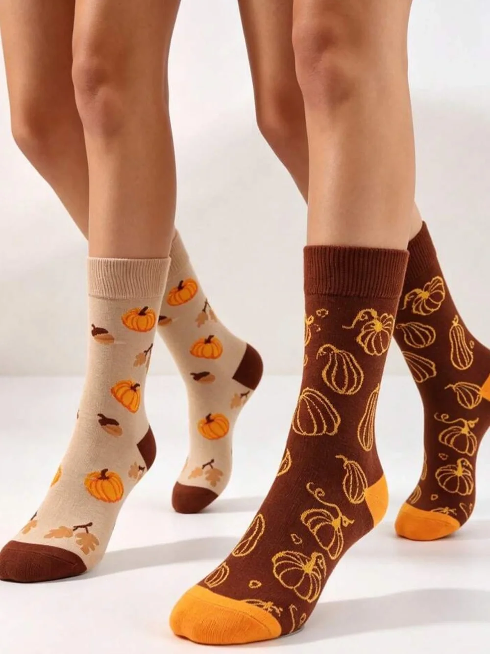2 Pairs Autumn Pumpkin Acorn Maple Leaf Long Socks ,Vintage Caramel Color